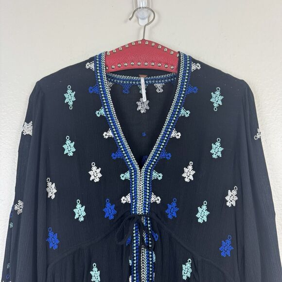 Free People Boho Star Gazer Peasant Babydoll Mini Tunic Dress Black Blue Small - Picture 2 of 16